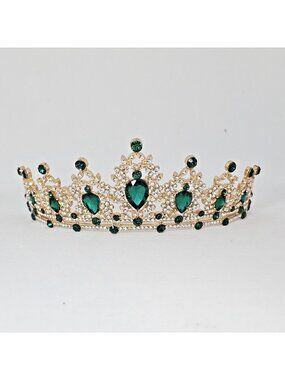 Green Crystal Gold Tiara Rhinestone Princess Crown Pageant Wedding Headpiece NEW